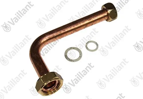 Kupferrohr mit einer gebogenen Form und zwei Gewindeverbindungen. Dazu gehören zwei Unterlegscheiben. Produkt der Marke Vaillant.